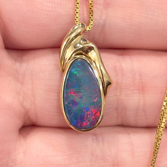 Jewelry - 14K Australian Opal Pendant, Vintage Doublet, Crystal Dark Natural, Colorful IOG